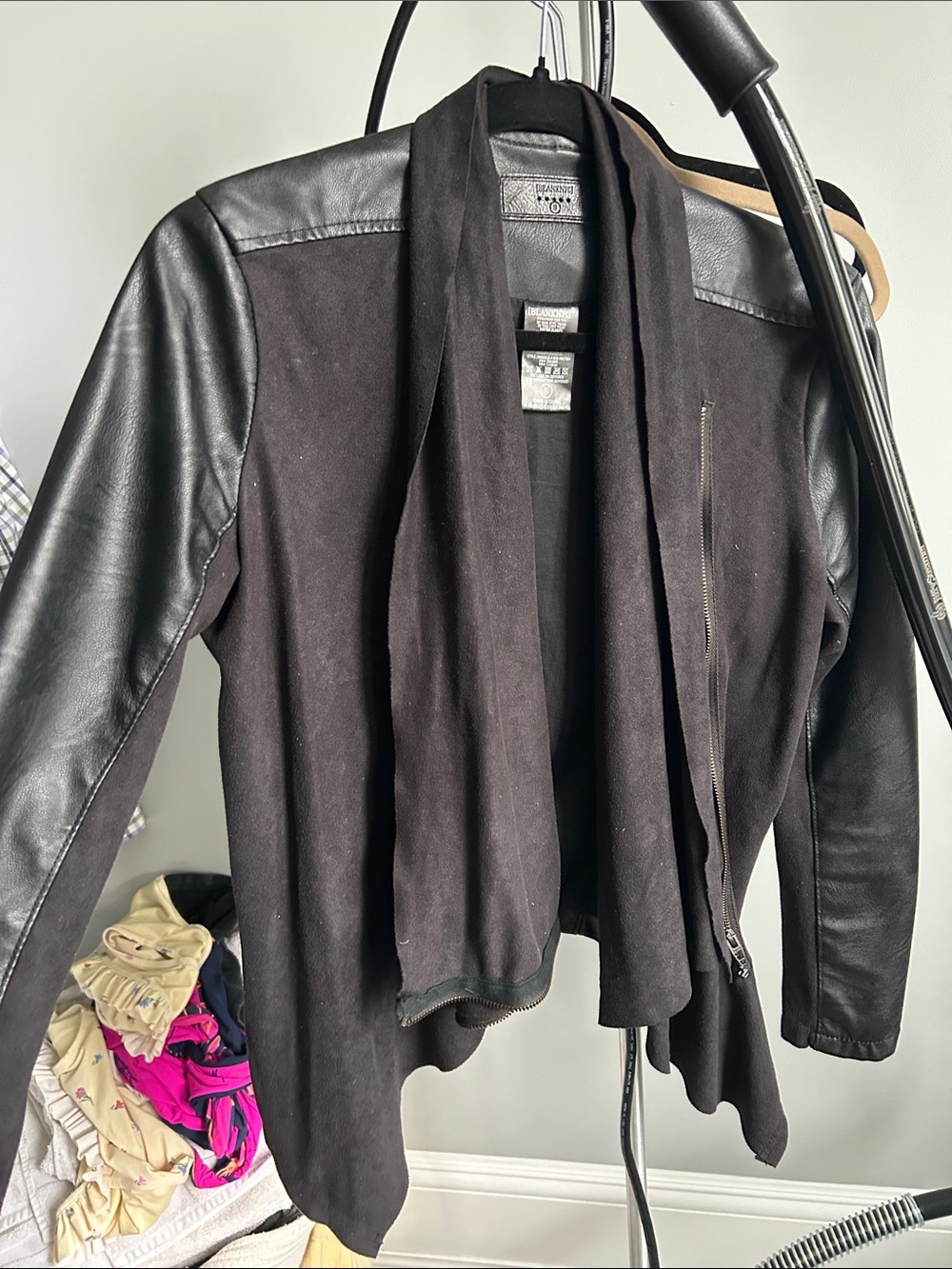 Blank NYC Black Draped Knit Jacket with Faux Leather Sleeves